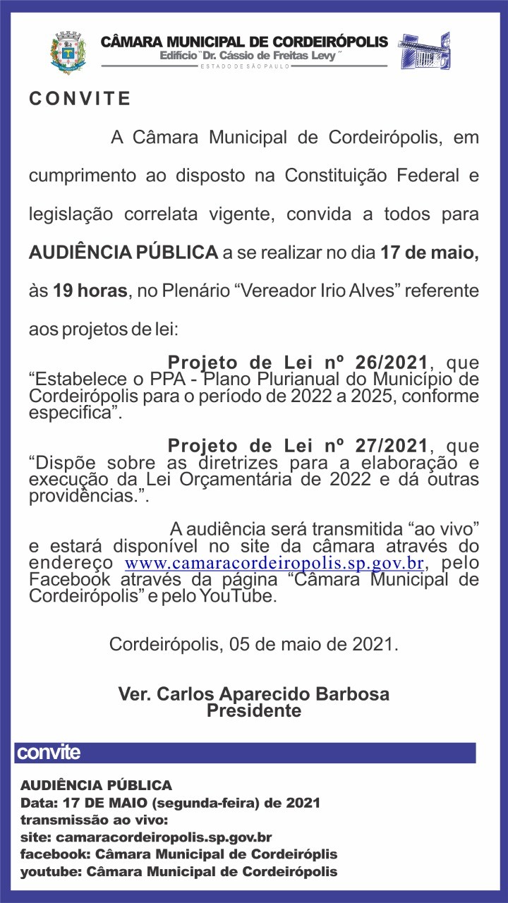 Imagem da notícia: Câmara realiza audiência pública para apresentar PPA e LDO