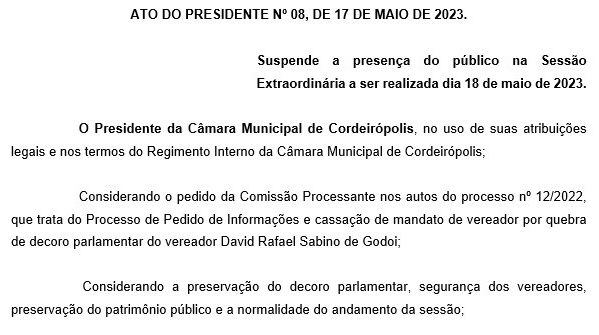 Imagem da notícia: Câmara informa: Sessão Extraordinária hoje fechada para o público