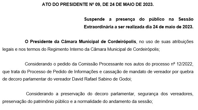 Imagem da notícia: Câmara informa: Sessão Extraordinária hoje fechada para o público