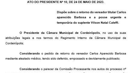 Imagem da notícia:  Retorno do ver. titular Carlos Ap. Barbosa e a posse urgente e temporária do suplente Vilson Natal Caleffi.   