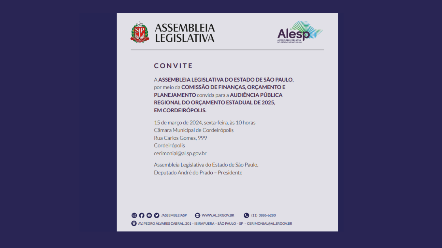 Imagem da notícia: Câmara de Cordeirópolis receberá Audiência Pública da Alesp