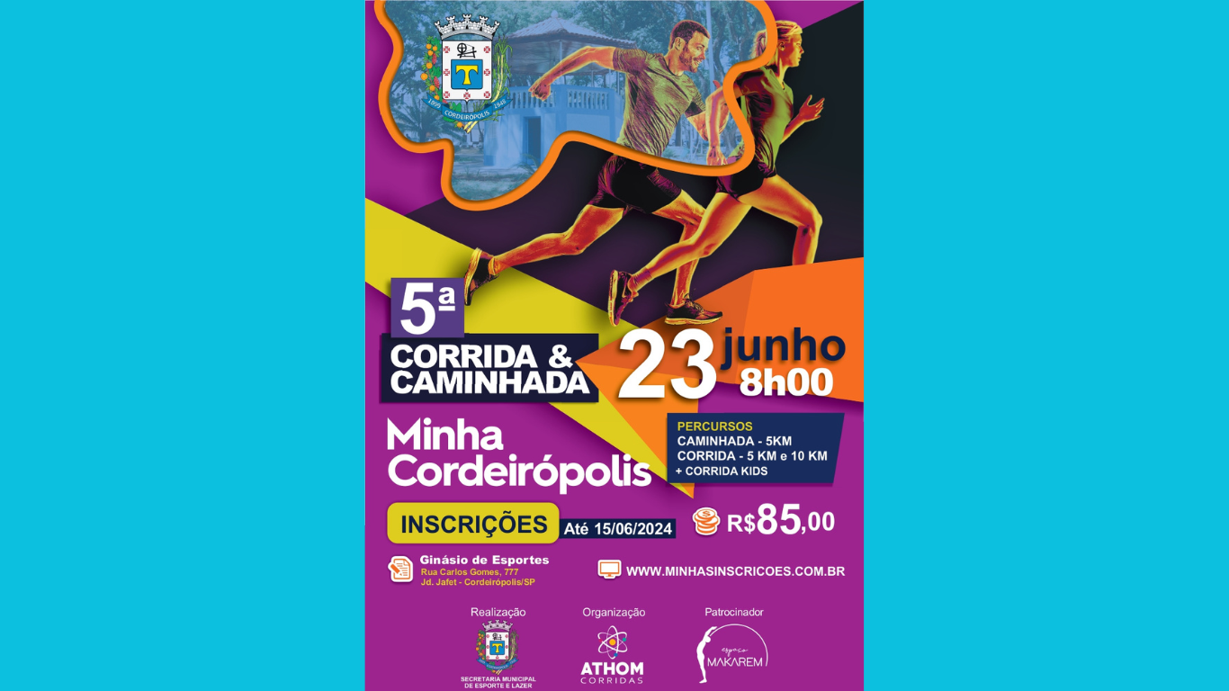 Imagem da notícia: Prefeitura Municipal de Cordeirópolis está promovendo a 5° Corrida e Caminhada Minha Cordeirópolis, através da Secretaria Municipal de Esporte e Lazer de Cordeirópolis
