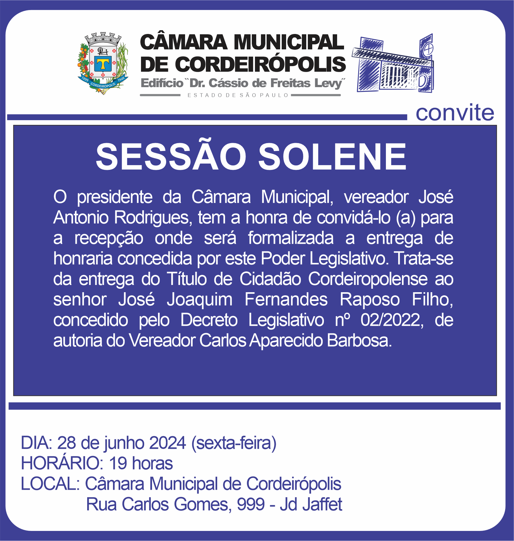 Imagem da notícia: Câmara Municipal de Cordeirópolis Realizará Cerimônia de Entrega de Honraria em Sessão Solene