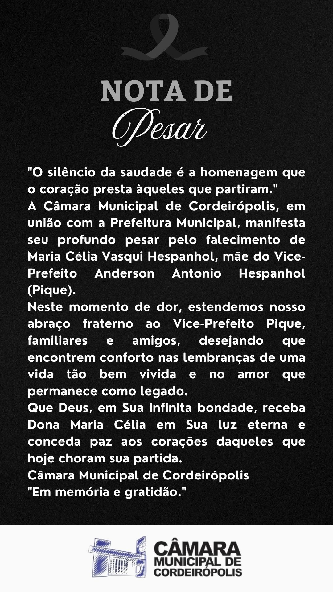 Imagem da notícia: NOTA DE PESAR - Maria Célia Vasqui Hespanhol 