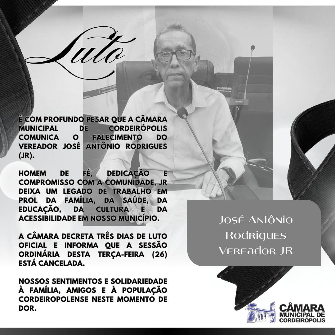 Imagem da notícia: Nota de Pesar pelo falecimento do Vereador Jose Antônio Rodrigues (JR)