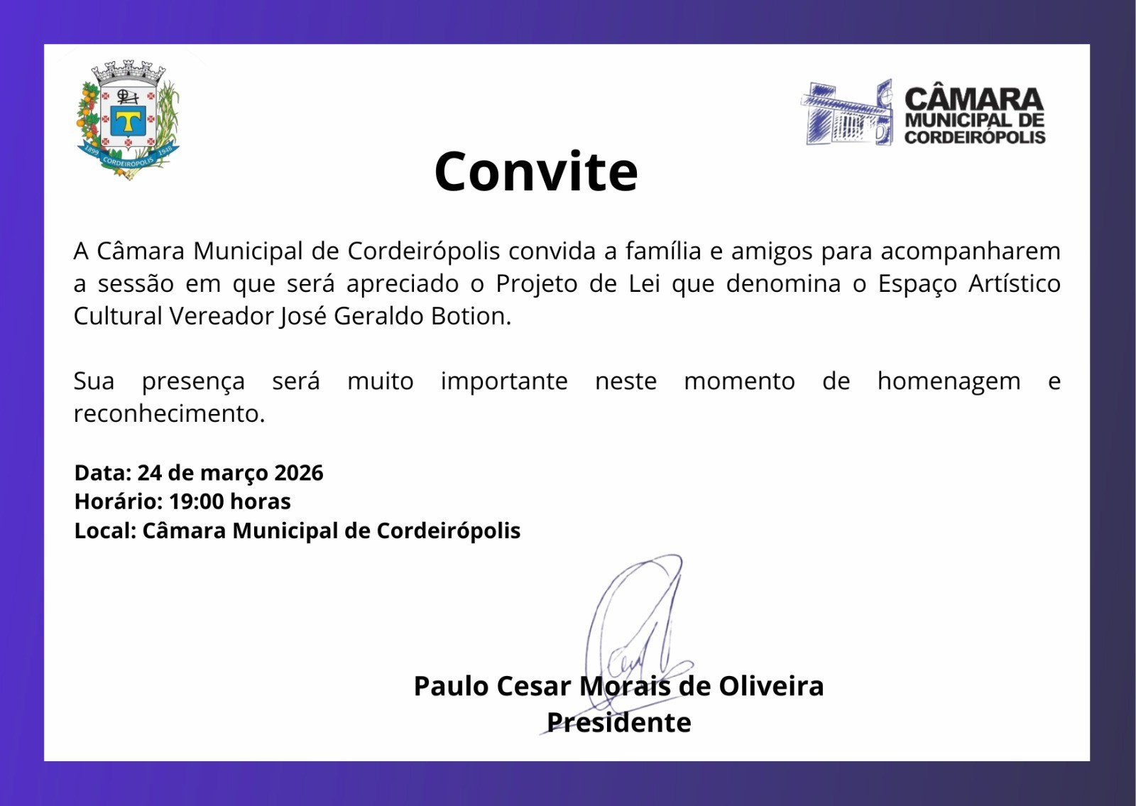 Imagem da notícia: Projeto de Lei que homenageia Vereador José Geraldo Botion será apreciado em sessão na Câmara